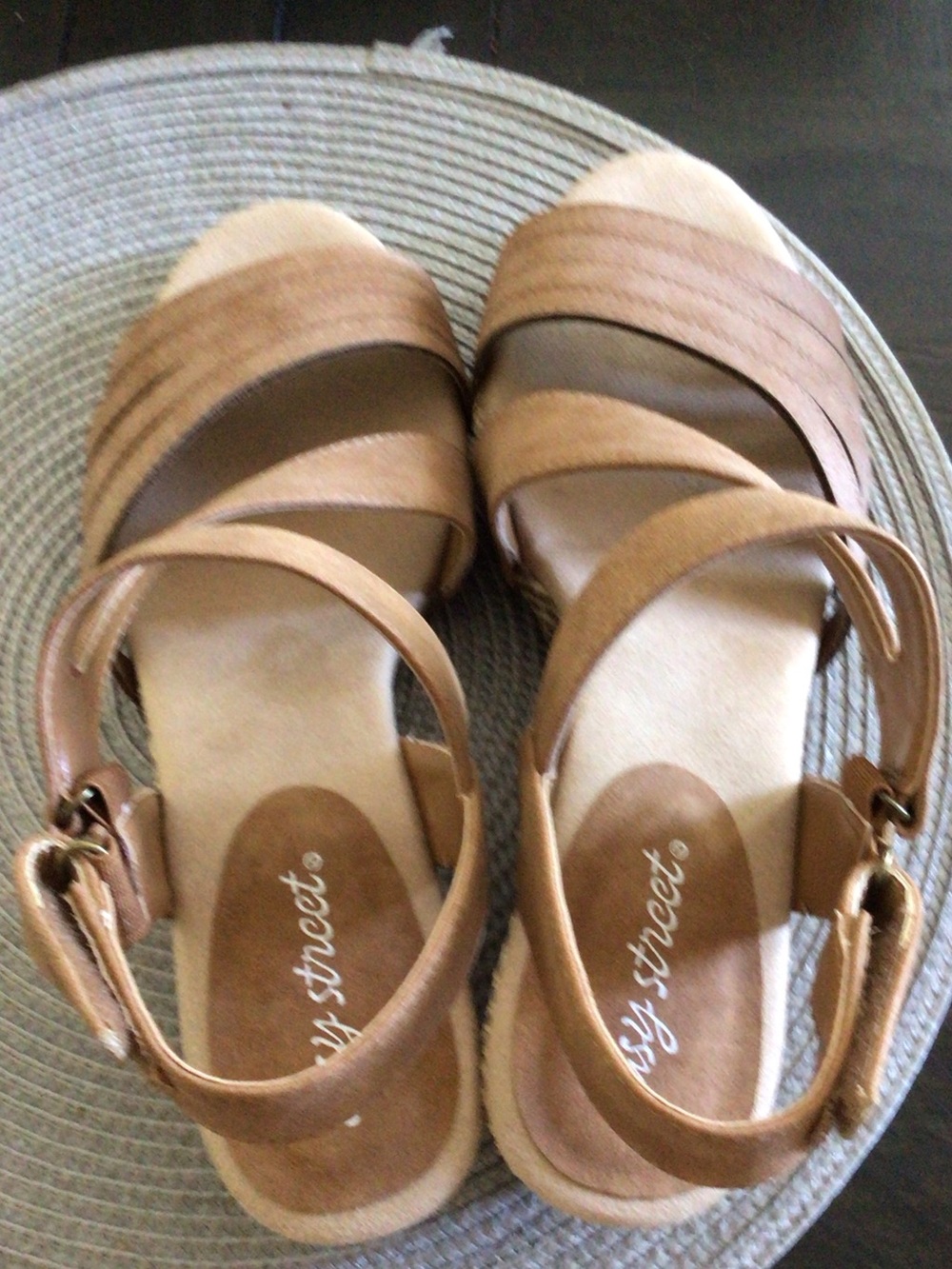 easy street Tan Multi-Strap Women's Wedge Sandals 9 1/2 W - Picture 6 of 7
